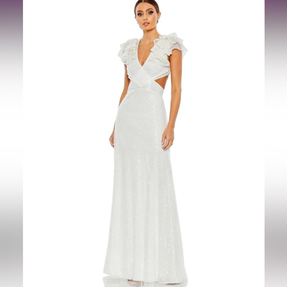 Mac Duggal Sequin Flounce Shoulder Cut Out Gown